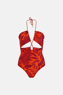 Discount Oasis Tropical Floral Cut Out Swimsuit Red Orange