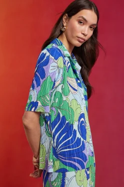 Clearance Oasis Tropical Plisse Short Sleeve Button Through Shirt Blue