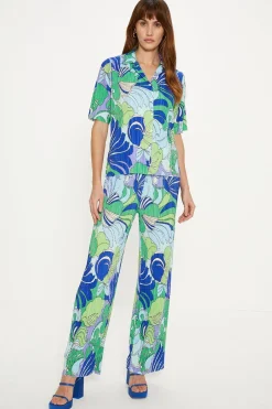 Best Oasis Tropical Plisse Wide Leg Trouser Blue