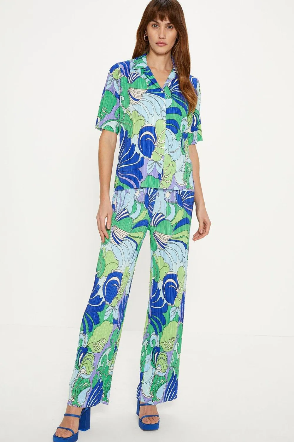 Best Oasis Tropical Plisse Wide Leg Trouser Blue
