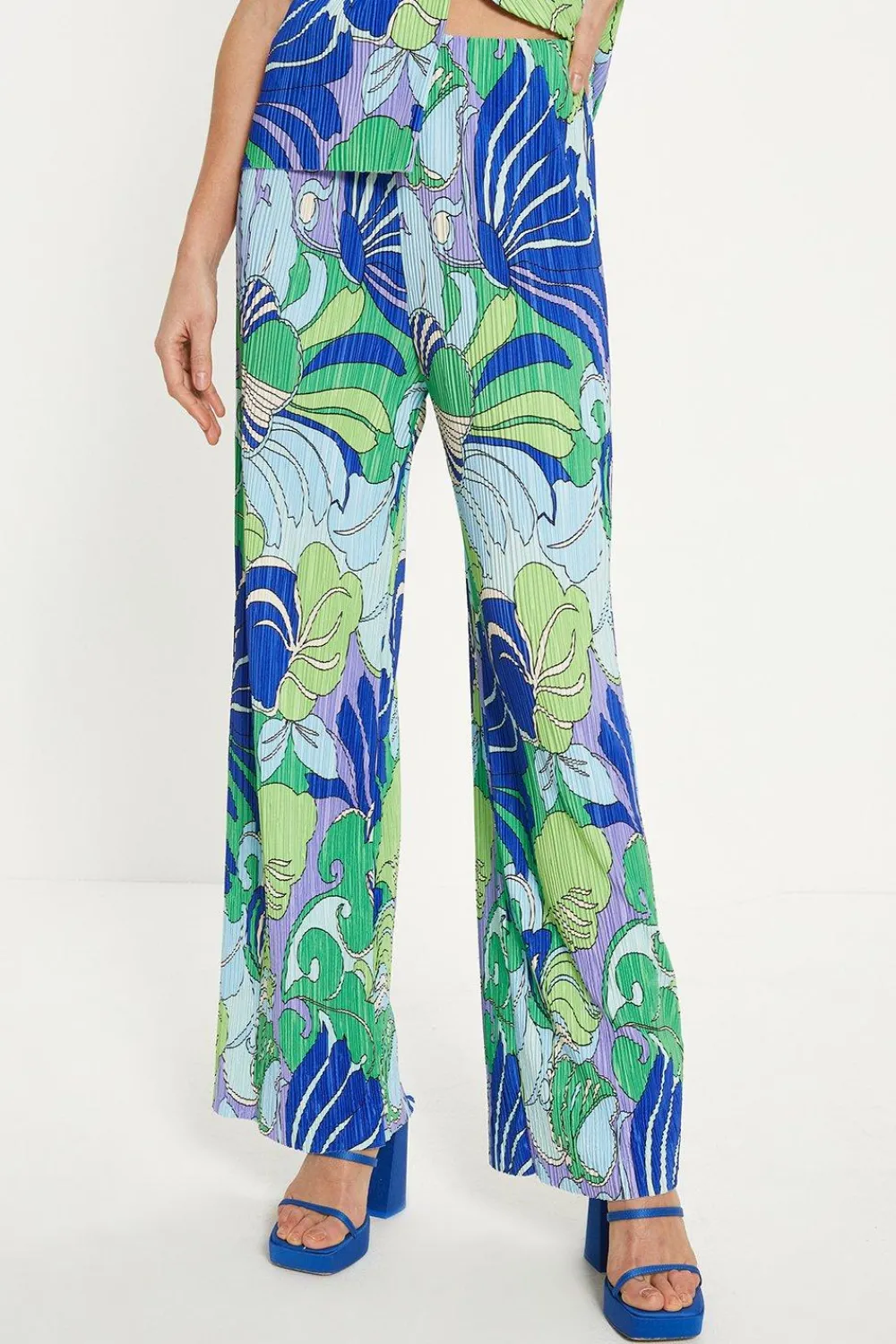 Best Oasis Tropical Plisse Wide Leg Trouser Blue