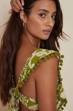 Fashion Oasis Tropical Pom Pom Strappy Mini Dress Green