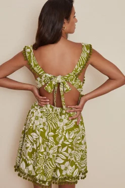 Fashion Oasis Tropical Pom Pom Strappy Mini Dress Green