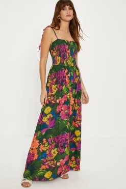 Fashion Oasis Tropical Print Crinkle Shirred Maxi Dress Multi