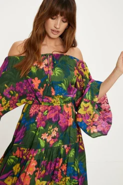 Best Oasis Tropical Print Crinkle Shirred Bardot Dress Multi