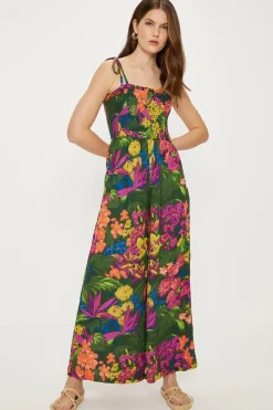 Online Oasis Tropical Print Crinkle Shirred Jumpsuit Multi