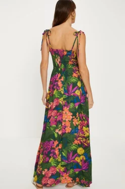 Fashion Oasis Tropical Print Crinkle Shirred Maxi Dress Multi