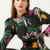 Clearance Oasis Tropical Printed Keyhole Midi Dress Black