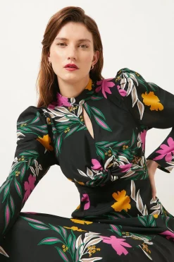 Clearance Oasis Tropical Printed Keyhole Midi Dress Black