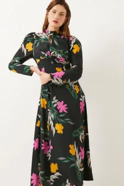 Clearance Oasis Tropical Printed Keyhole Midi Dress Black