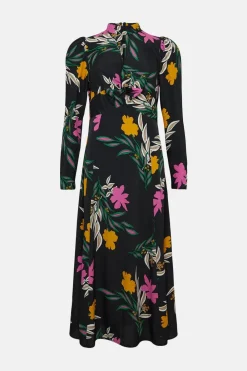 Clearance Oasis Tropical Printed Keyhole Midi Dress Black