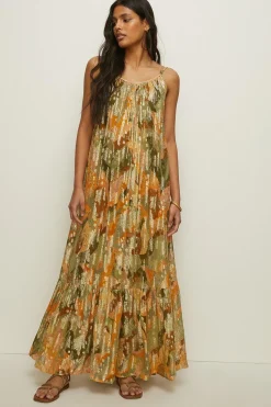 Fashion Oasis Tropical Printed Metallic Midi Dress Floral