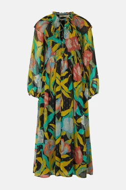 Online Oasis Tulip Printed Metallic Frill Neck Midi Dress Multi