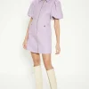 Outlet Oasis Tweed Puff Sleeve Zip Through Mini Dress Lilac