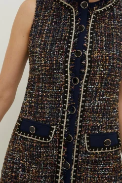 Hot Oasis Tweed Trimmed Button Through Mini Dress Navy