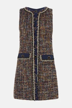 Hot Oasis Tweed Trimmed Button Through Mini Dress Navy