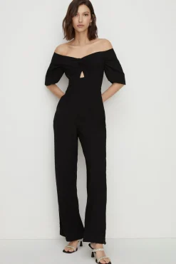 Online Oasis Twist Front Bardot Crepe Jumpsuit Black
