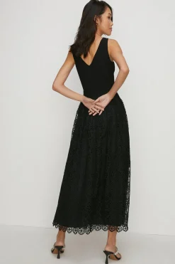 Online Oasis V Neck Lace Skirt Midi Dress Black