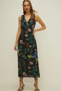 Hot Oasis V Plunge Floral Printed Satin Midaxi Dress Black