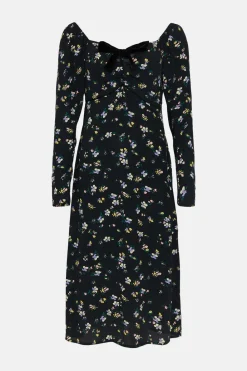Fashion Oasis Velvet Bow Ditsy Printed Midi Dress Black