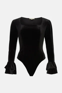 Clearance Oasis Velvet Frill Cuff Bodysuit Black