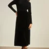 Sale Oasis Velvet Funnel Neck Pleated Skirt Midi Dress Black