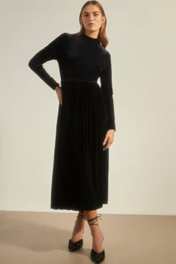 Sale Oasis Velvet Funnel Neck Pleated Skirt Midi Dress Black