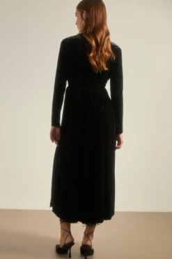 Sale Oasis Velvet Funnel Neck Pleated Skirt Midi Dress Black