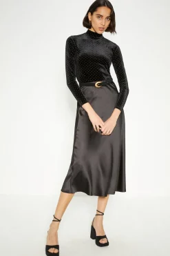 Hot Oasis Velvet Gold Stud Funnel Neck Top Black