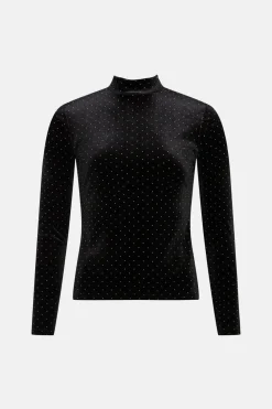 Hot Oasis Velvet Gold Stud Funnel Neck Top Black