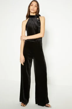 Fashion Oasis Velvet High Neck Halter Jumpsuit Black