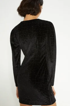 Hot Oasis Velvet Houndstooth Wrap Detail Mini Dress Black