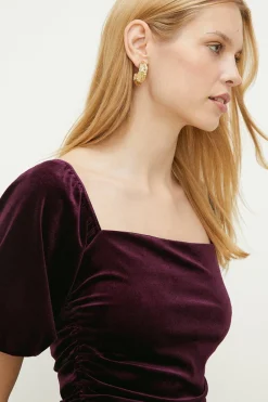 New Oasis Velvet Ruched Puff Sleeve Top Aubergine