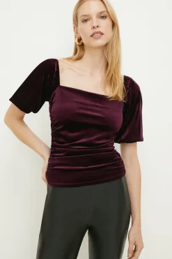 New Oasis Velvet Ruched Puff Sleeve Top Aubergine