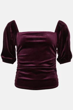 New Oasis Velvet Ruched Puff Sleeve Top Aubergine