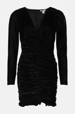 Fashion Oasis Velvet Ruched V Neck Mini Dress Black