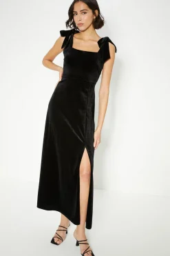 Hot Oasis Velvet Tie Shoulder Dress Black