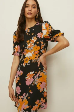 Clearance Oasis Vibrant Floral Puff Sleeve Skater Tea Dress Multi