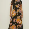 Online Oasis Vibrant Floral Puff Sleeve Midi Tea Dress Multi