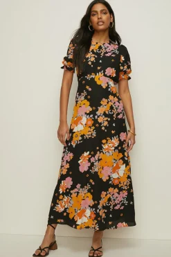 Online Oasis Vibrant Floral Puff Sleeve Midi Tea Dress Multi