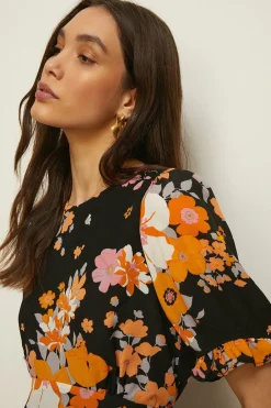 Clearance Oasis Vibrant Floral Puff Sleeve Skater Tea Dress Multi