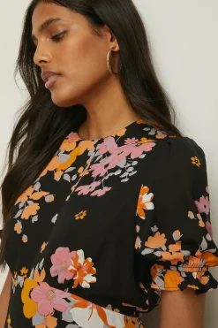 Online Oasis Vibrant Floral Puff Sleeve Midi Tea Dress Multi