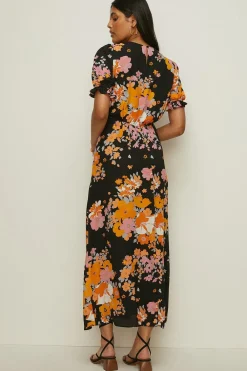 Online Oasis Vibrant Floral Puff Sleeve Midi Tea Dress Multi