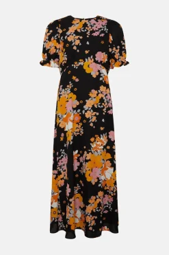 Online Oasis Vibrant Floral Puff Sleeve Midi Tea Dress Multi