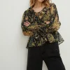 Clearance Oasis Vintage Floral Crinkle Chiffon Tie Blouse Black