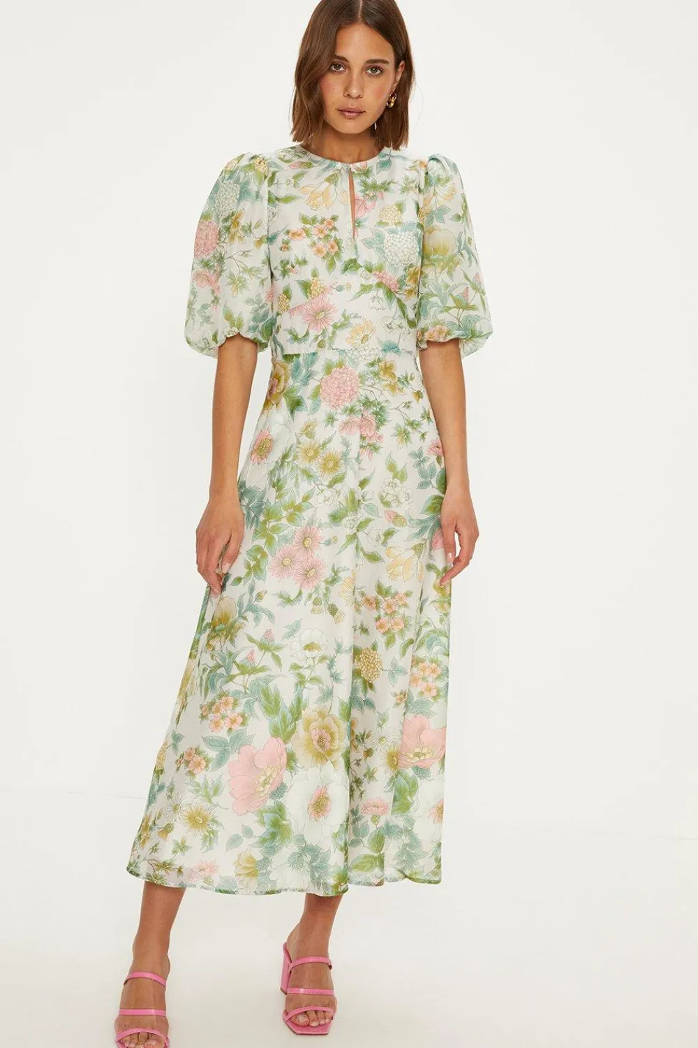Online Oasis Vintage Floral Organza Keyhole Midi Dress Ivory