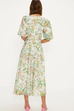 Online Oasis Vintage Floral Organza Keyhole Midi Dress Ivory