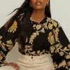 Outlet Oasis Volume Sleeve Paisley Floral Top Black