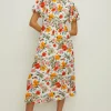 Outlet Oasis Watercolour Floral Puff Sleeve Midi Dress Ivory
