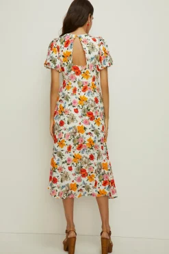 Outlet Oasis Watercolour Floral Puff Sleeve Midi Dress Ivory